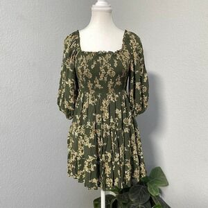 ANGIE OLIVE GREEN FLORAL DRESS QUARTER PUFF SLEEVES SQUARE NECKLINE BABYDOLL